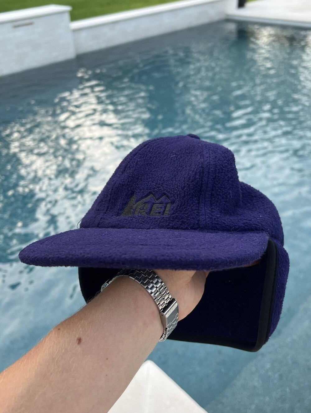 REI Vintage 90s Fleece Ear Flap Cover Trapper Hat Outdoor Blue M